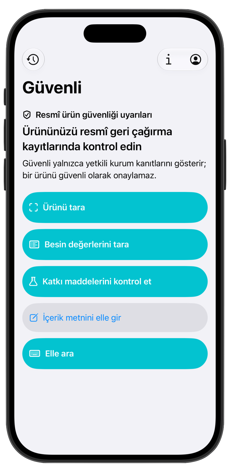 Güvenli ana ekranında tarama ve elle arama seçenekleri